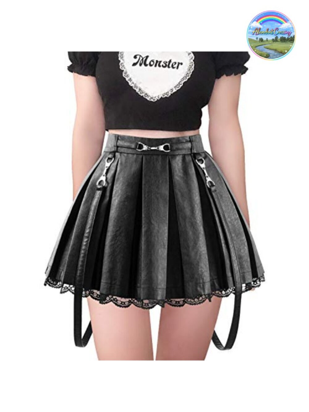 Pleated Faux Leather A-Line Mini Skirt with Lace Trim & Handcuff Straps